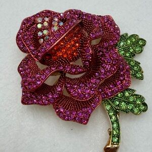 Busy Pink and Green Crystal Rose Brooch